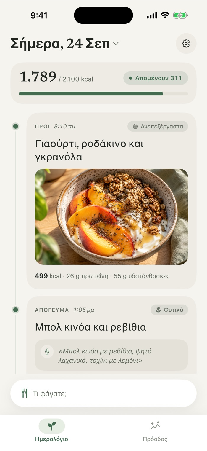 Το σημερινό ημερολόγιο στο Meali δείχνει 1.789 από 2.100 θερμίδες, μια φωτογραφία με γιαούρτι, ροδάκινο και γκρανόλα και μια φωνητική σημείωση για μπολ κινόα με ρεβίθια.