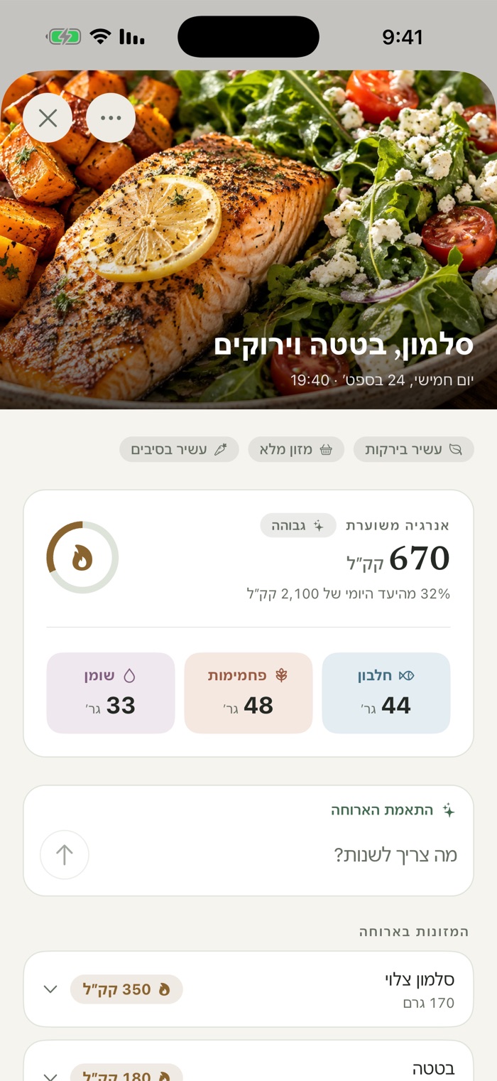 תמונה של סלמון, בטטה וירוקים מעל הערכה של 670 קק״ל, עם 44 גר׳ חלבון, 48 גר׳ פחמימות ו-33 גר׳ שומן, ושדה להתאמת הארוחה.