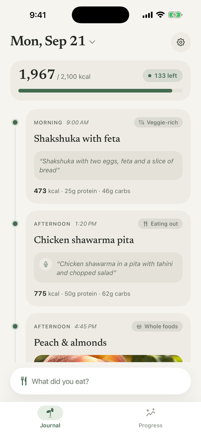 The journal shows a typed shakshuka note with its estimated nutrition and a spoken chicken shawarma note below it.