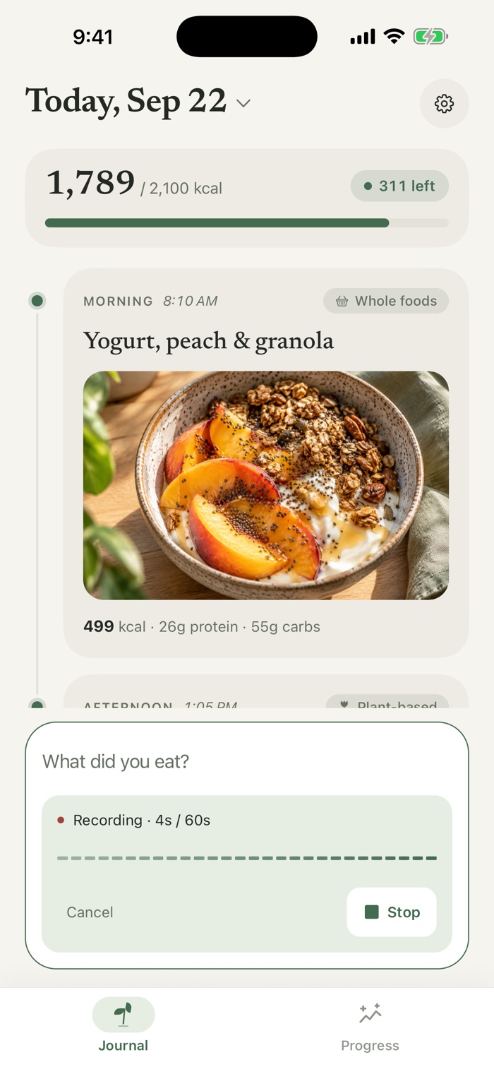 The current journal's meal composer recording a voice note, with a waveform, a timer, and a Stop button.